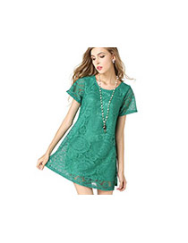 Trendy Green Hollow Out Lace Flower Shape Decorated Short Sleeve Dress