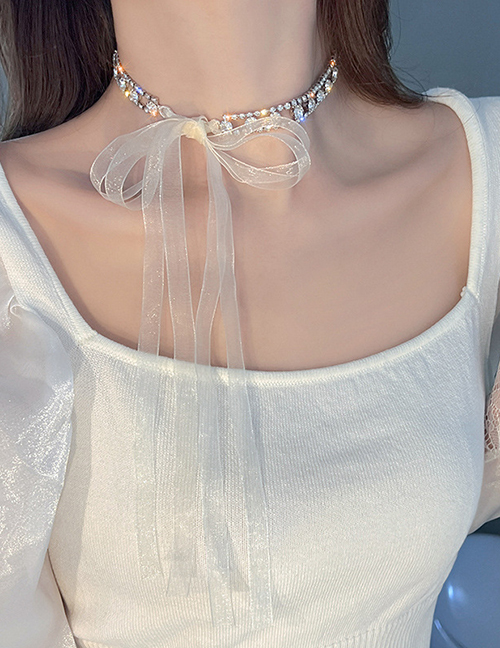 Collar De Doble Capa Con Cinta De Malla Y Panel De Diamantes De Bronce
