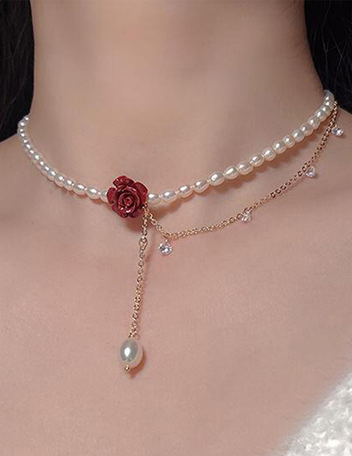 Collar De Rosas Con Cuentas De Perlas Y Diamantes De Imitación