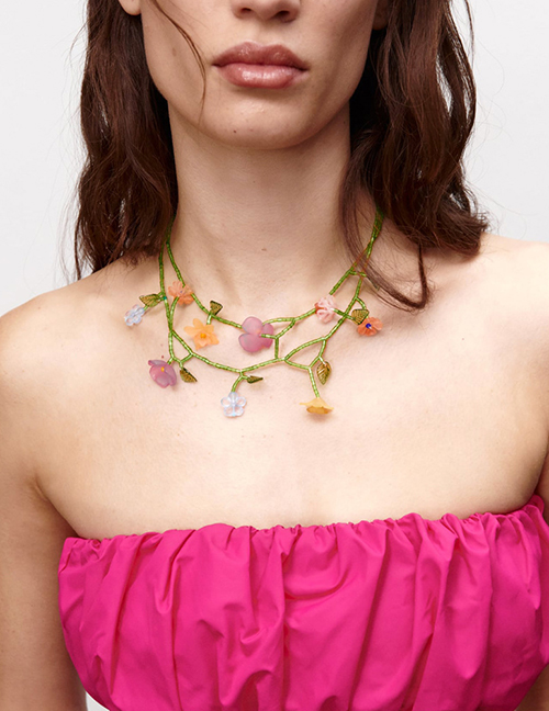Collar Multicapa Floral Trenzado Con Cuentas De Cristal De Vidrio