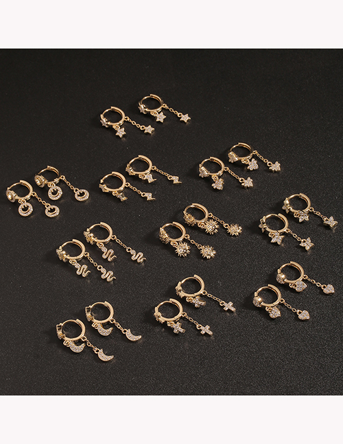 Fashion Heart-shaped Copper Diamonds Gold-plated Cross Moon And Lightning Snake-shaped Earrings