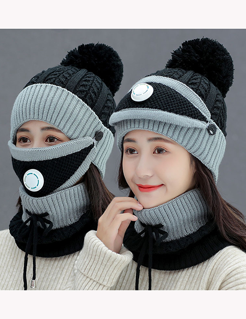Fashion Black Color-blocking Woolen Knitting Cap Mask And Scarf Set With Breathing Valve