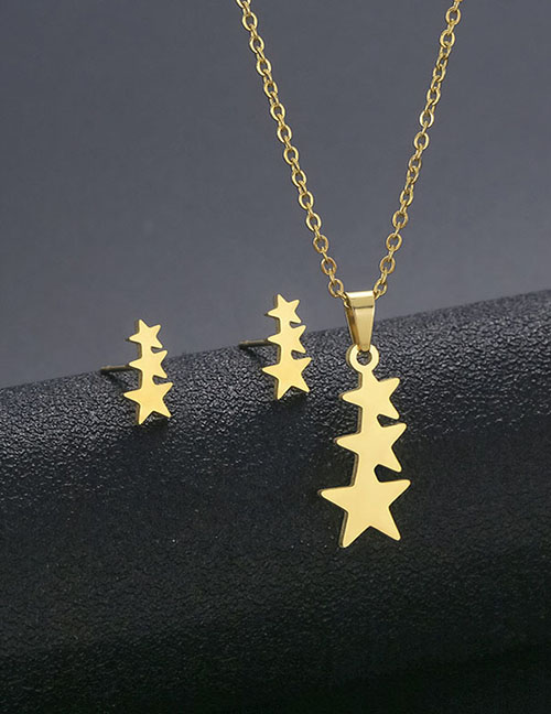 Conjunto De Collar De Aretes De Estrella De Cinco Puntas Chapado En Oro De Acero Inoxidable