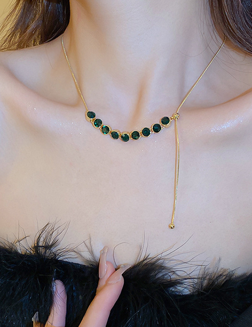 Fashion Necklace - Gold Color Brass Emerald And Diamond Geometric Necklace