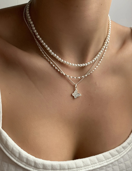 Collar Multicapa Con Cuentas De Perlas Y Mariposas De Diamantes De Aleación