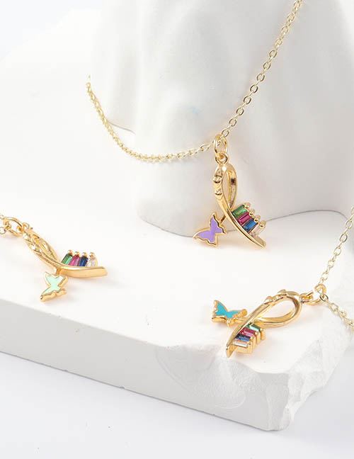 Collar Mariposa De Latón Chapado En Oro Con Diamantes Y Gotas De Aceite