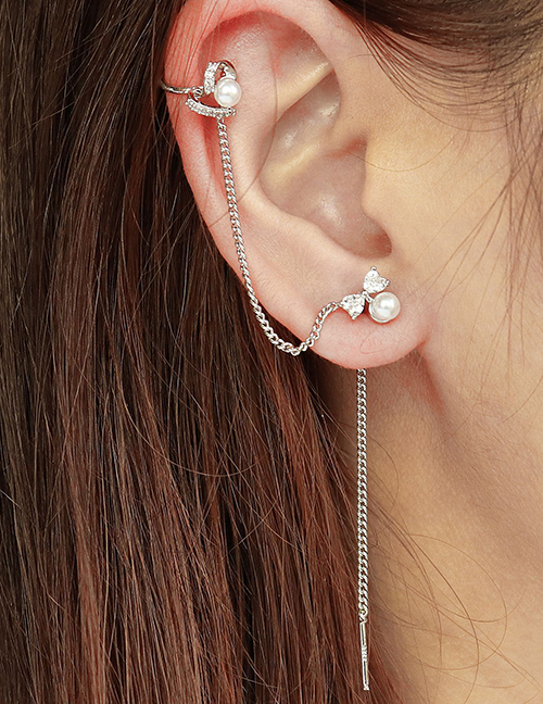 Fashion 14 Right Ear Brass Diamond And Pearl Geometric Bow Tassel Earrings