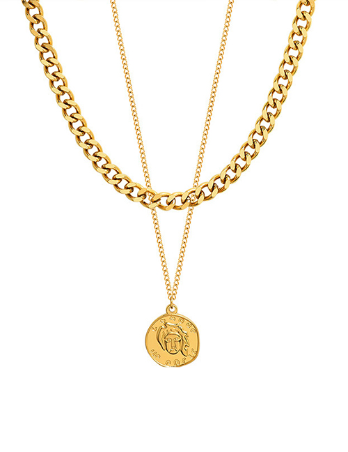 Collar Doble Medalla De Retrato Geométrico De Acero Titanio Bañado En Oro