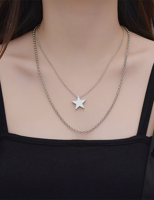 Collar Doble Estrella De Cinco Puntas De Acero Titanio