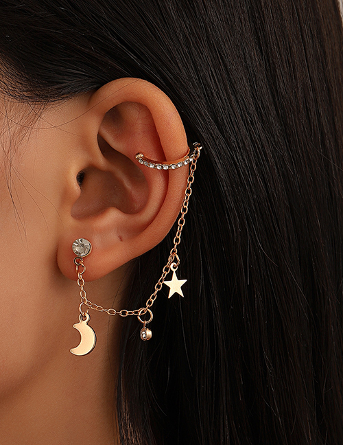 Ear Cuff Integrado Con Cadena De Luna Y Estrella De Diamantes De Aleación