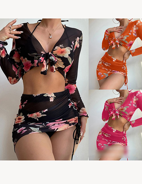 Fashion Purple Polyester Printed Lace-up Two-piece Swimsuit Set Of Four