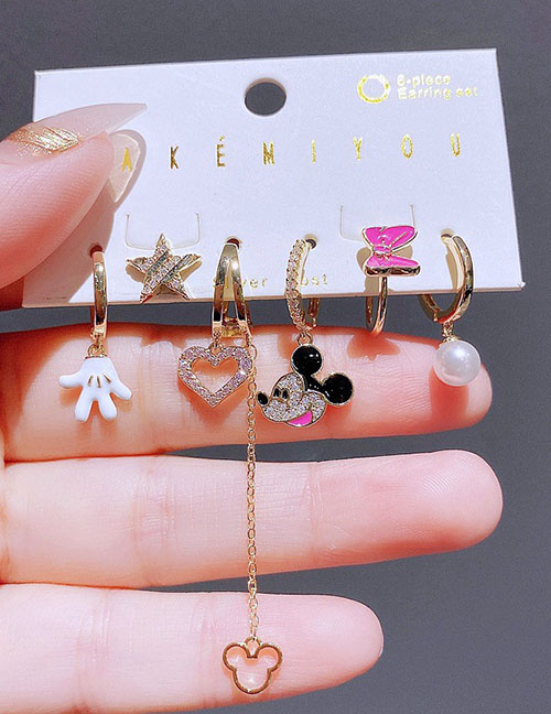 Fashion Gold Plated Copper Inlaid Zirconia Heart Star Mickey Earring Set