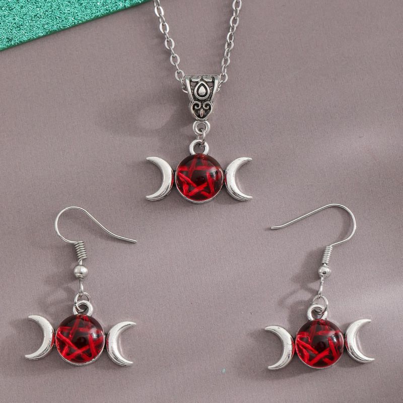Conjunto De Collar Y Aretes Con Forma De Luna Y Pentagrama De Aleación Y Diamantes