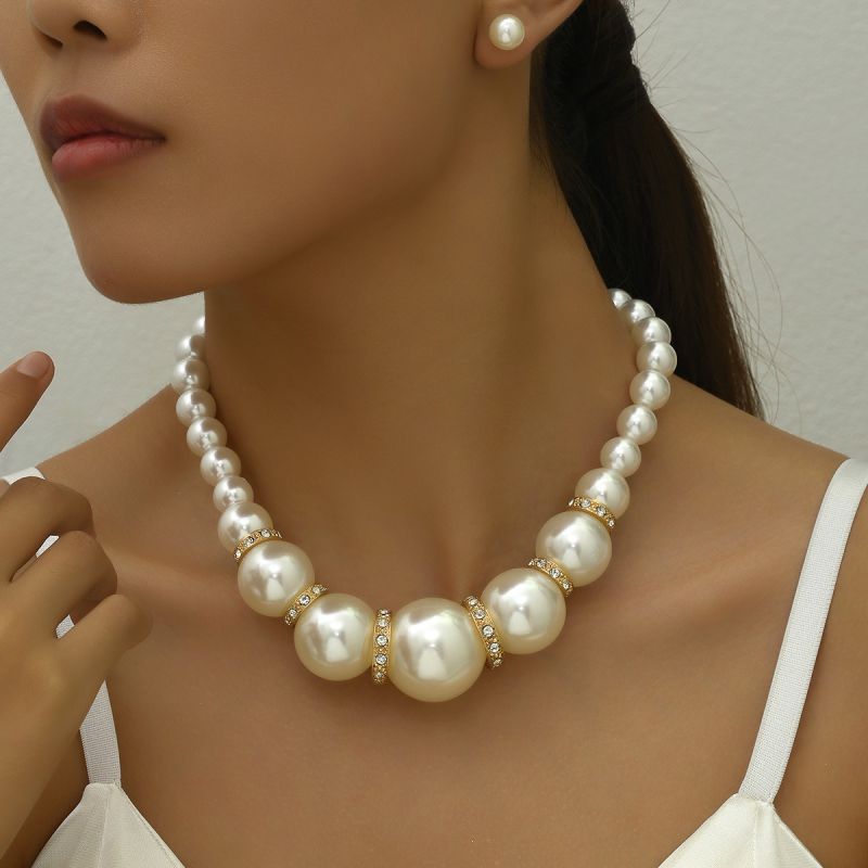 Conjunto De Collar Y Aretes De Perlas Con Cuentas De Perlas Grandes Y Pequeñas