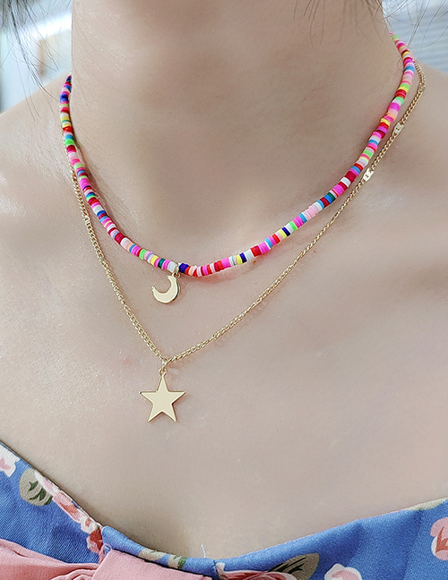 Collar De Doble Capa De Estrella Y Luna Brillante Con Cuentas De Polimorfa Arcoíris