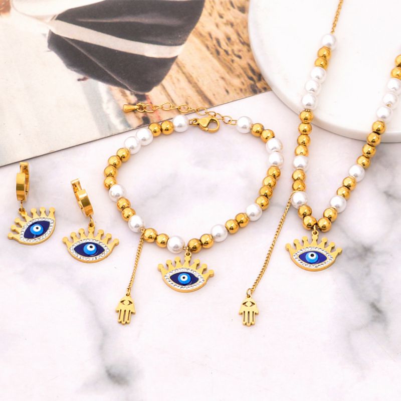 Conjunto De Pendientes De Collar De Ojo De Aceite De Goteo De Diamante Con Cuentas De Oro Perla De Acero De Titanio