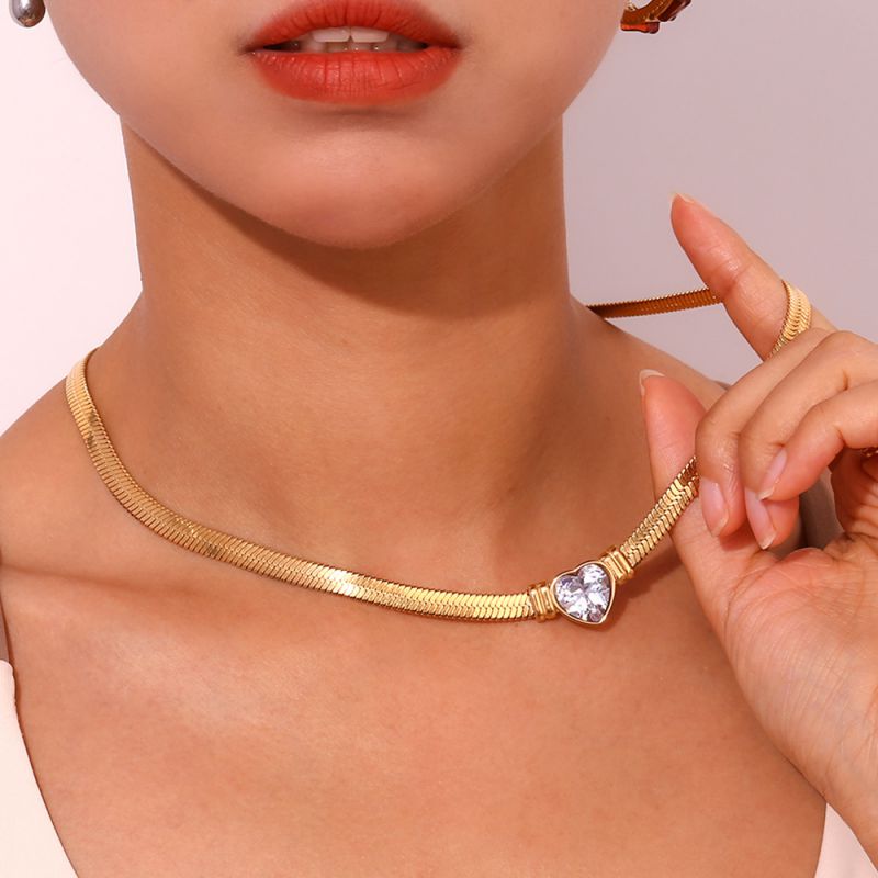 Titanium Steel Diamond Heart Snake Bone Chain Necklace