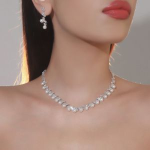 Conjunto De Collar Multicapa Con Aretes Geométricos De Perlas Y Diamantes