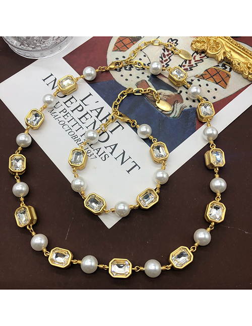 Collar De Perlas Con Diamantes Cuadrados Engastados En Aleación