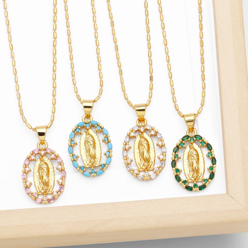 Collar Virgen María De Cobre Bañado En Oro Y Diamantes