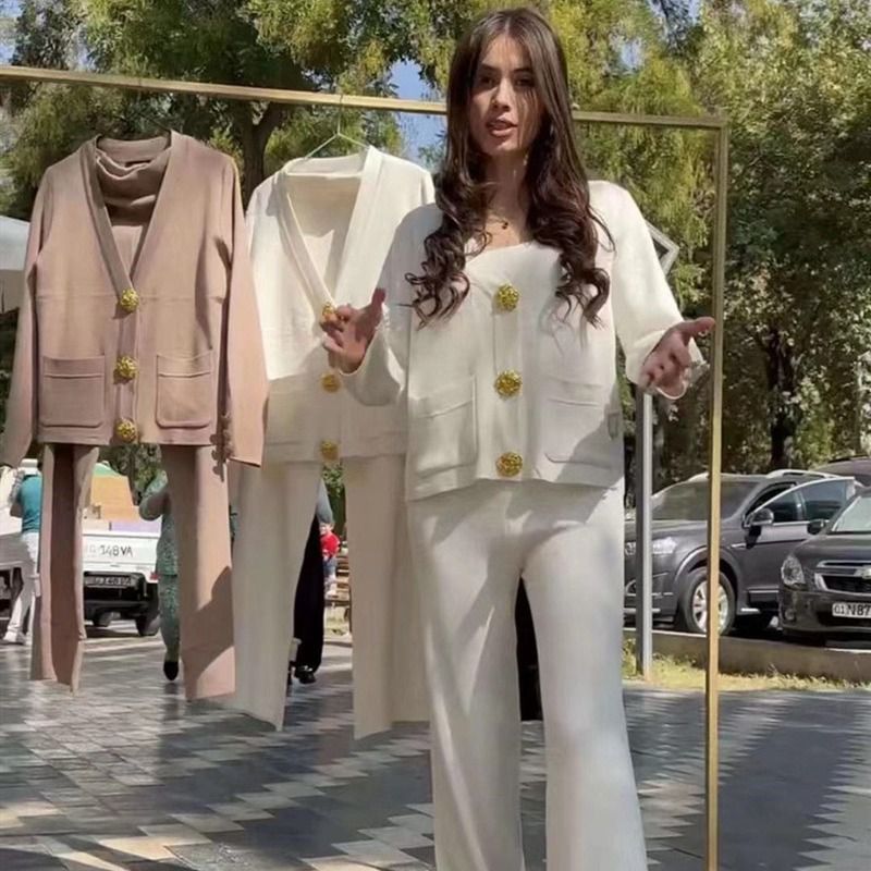 Traje De Pantalón Con Pernera Ancha Y Cintura Alta Suéter Tejido Con Hebilla Dorada De Spandex