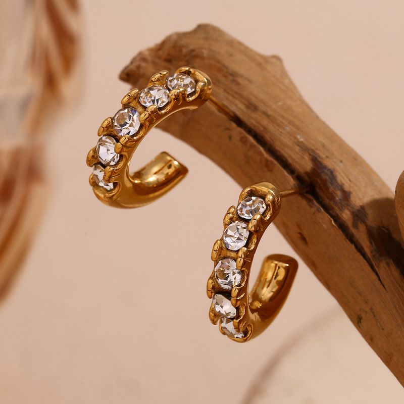 Pendientes En Forma De C De Diamantes De Acero Chapado En Oro