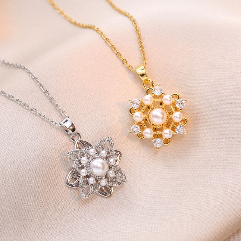 Collar De Flores Giratorias De Acero Titanio Engastado Con Diamantes Y Perlas