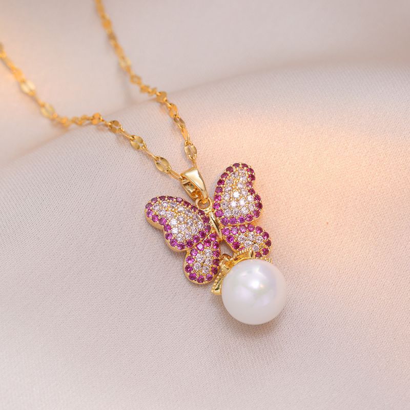 Titanium Steel Diamond Butterfly Pearl Necklace