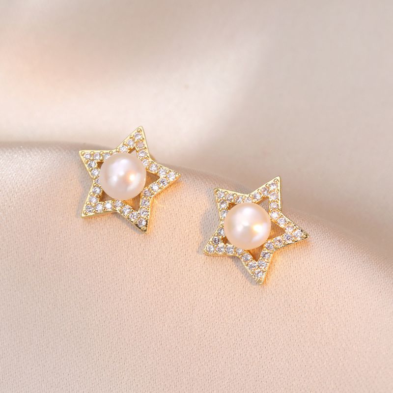Pendientes De Perlas De Estrella De Cinco Puntas Con Diamantes Incrustados De Cobre