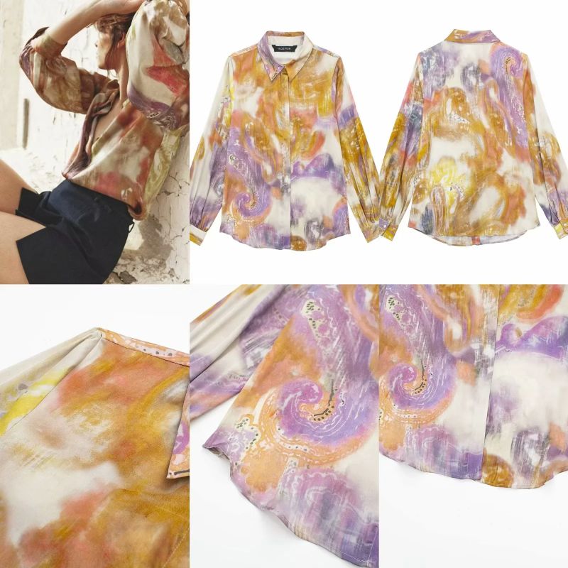 Silk Satin Printed Lapel Shirt