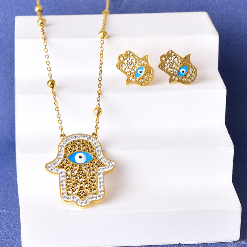 Conjunto De Pendientes De Collar De Palma De Pino Azul Con Diamantes De Acero Inoxidable