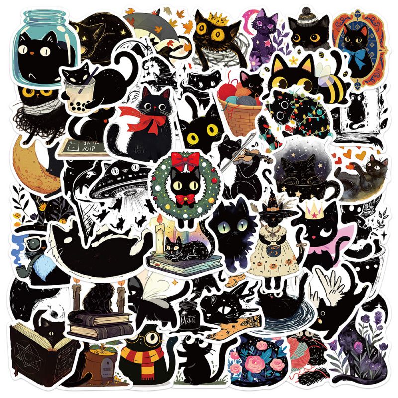 50 Pegatinas Impermeables De Gato Negro De Dibujos Animados