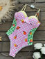 Fashion [swimsuit Only] Green Pink And Yellow Plaid Polyester Check Print One-piece Swimsuit