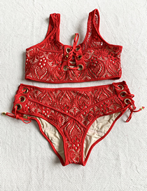Fashion Red Tie Strap Lace Metal Ring Split Swimsuit