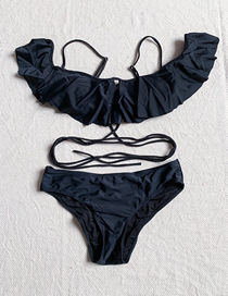 Fashion Black Tie-strap Ruffled Low-waist Split Swimsuit
