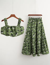 Fashion Green Cotton And Linen Print Short Sling Skirt Set