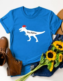 Camiseta De Manga Corta Con Cuello Redondo Y Estampado De Dinosaurio Con Gorro Navideño