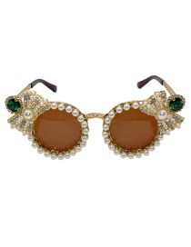 Fashion Brown Resin Diamond And Pearl Round Sunglasses