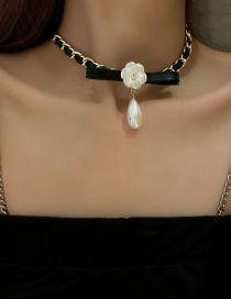 Collar De Cadena De Cuero Con Flor De Perlas