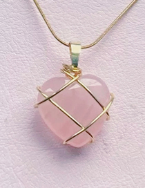 Fashion Rose Quartz Necklace With Gold Plated Copper Geometric Crystal Heart Wound Necklace