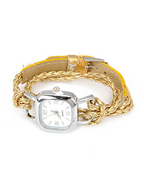 Uniform Yellow Lock Shape Weave PU Fashion Watches