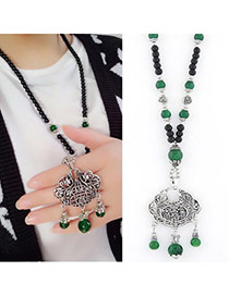 Fashion Dark Green Beads Decorated Locl Shape Pendant Design Alloy Bib Necklaces