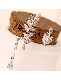 Sweet Rose Gold Diamond&leaf Shape Decorated Dissymmetry Design Zircon Stud Earrings