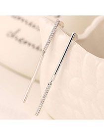 Sweet Silver Color Diamond Decorated Vertical Bar Design Zircon Stud Earrings