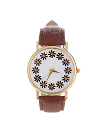 Elegant Coffee Flowers Pattern Decorated Pure Color Design  Pu Ladies Watches