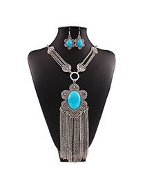 Vintage Blue Oval Diamond&tassel Pendant Decorated Short Chain Design Alloy Jewelry Sets