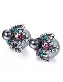 Fashion Gray Flower&diamond Decorated Ball Design Pearl Stud Earrings