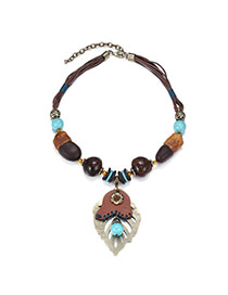 Vintage Coffee Leaf Pendant & Beads Decorated Multilayer Design Turquoise Bib Necklaces