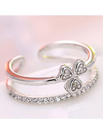 Sweet Silver Color Clover Shape Decorated Double Layer Opening Ring