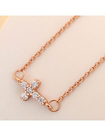 Sweet Rose Gold Cross Pendant Decorated Simple Long Necklace